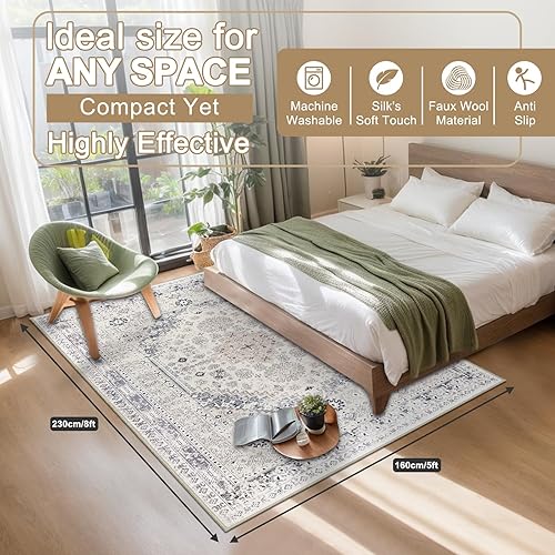 Capslpad Tapis vintage pour salon, salon, cuisine, bureau, lavable, antidérapant, tapis de sol à poils courts pour salle à manger, cuisine, bureau, beige - 160 x 230 cm - Nail Gallerys