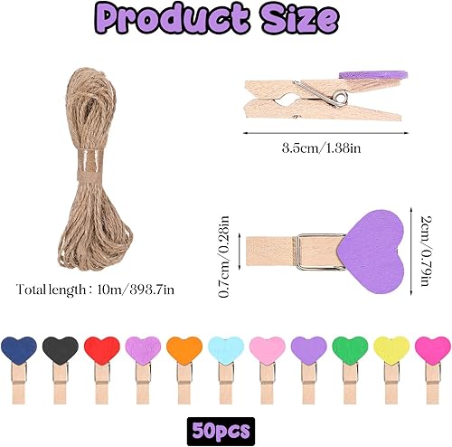 Larrel Lot de 50 petites pinces en bois en forme de cœur avec 10 m de ficelle de jute multicolores - Petites pinces à linge - 3,5 x 0,7 cm - Mini clips multi-usages pour photos, cartes postales - Nail Gallerys