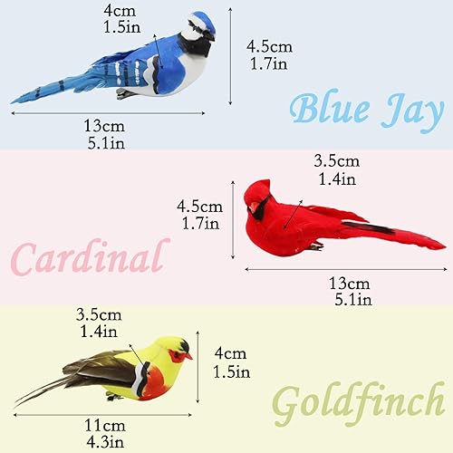 LWINGFLYER Oiseaux artificiels réalistes rouge, cardinal bleu, chardonneret jaune, oiseaux assortis pour décoration et travaux manuels, décorations de sapin de Noël (3 pièces) - Nail Gallerys