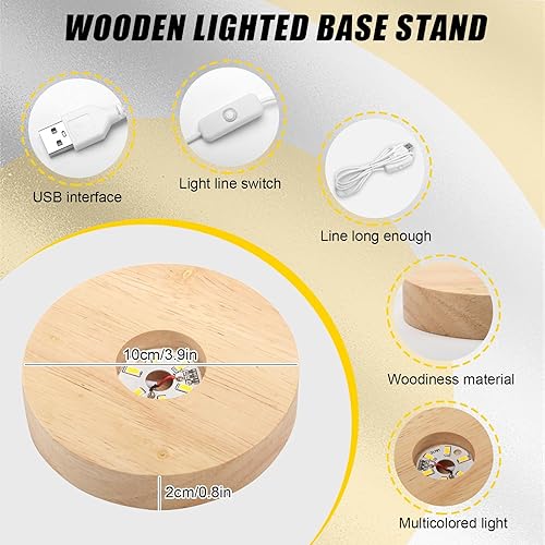 GeluEla Socle LED, 4 pièces, base lumineuse LED en bois, rond, 7 modes d'éclairage, base ronde avec câble USB pour boule de cristal, verre, acrylique - Nail Gallerys