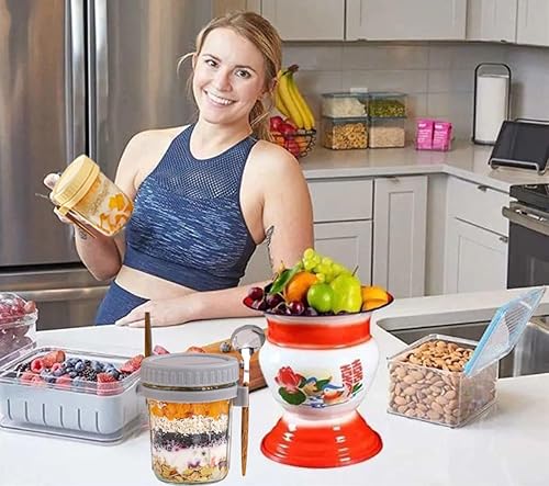 UQMIQURA Overnight Oats Lot de 4 bocaux en verre avec cuillères et couvercle, 350 ml, pour céréales, avoine, céréales, fruits, lait, yaourt - Nail Gallerys