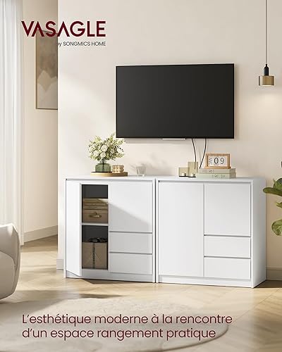 VASAGLE Buffet, Armoire de Rangement, avec Porte et Étagère Réglable en Hauteur, 2 Tiroirs, Moderne, 40 x 70 x 74,5 cm, pour Salon, Salle à Manger, Bureau, Blanc Nuage BBK243W01V1 - Nail Gallerys
