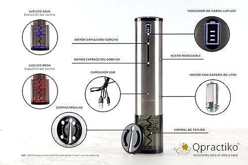 Qpractiko - Tire-bouchon Électrique Rechargeable | Ouvre jusqu'à 70 Bouteilles | Indicateur LED | Coupe-Capsule Inclus | Chargeur USB | Décapsuleur Vin | Acier Inoxydable, Argent, Polycarbonate - Nail Gallerys