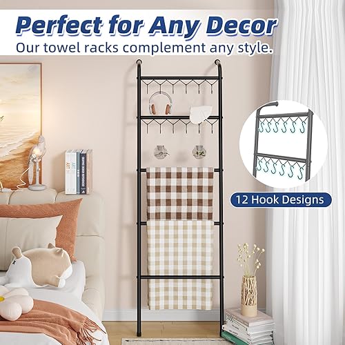 Simple Trending Échelle Porte-Serviettes en métal à 5 Niveaux avec 12 Crochets, échelle décorative en métal de 200 cm pour Salon, Chambre à Coucher, Salle de Bain ou décoration d'intérieur (Noir) - Nail Gallerys