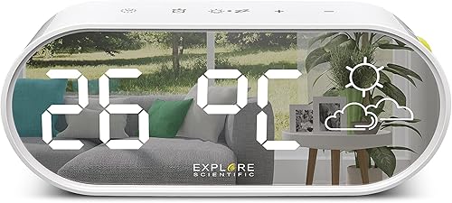 Explore Scientific RDC2002W Horloge avec Affichage Miroir, Heure et température intérieure, prévisions du Temps à icônes, Double Alarme, 3 Niveaux de luminosité, contrôle Soft Touch, Port USB, Blanc - Nail Gallerys