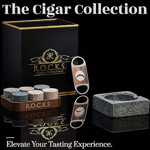 Coffret Cadeau Pierres à Whisky avec Coupe Cigare & Cendrier - 6 Pierres Artisanales Rondes en Granit - Support de Présentation & Rangement en Bois - Ensemble d'Accessoires, Elégant Coffret Or à Chaud - Nail Gallerys