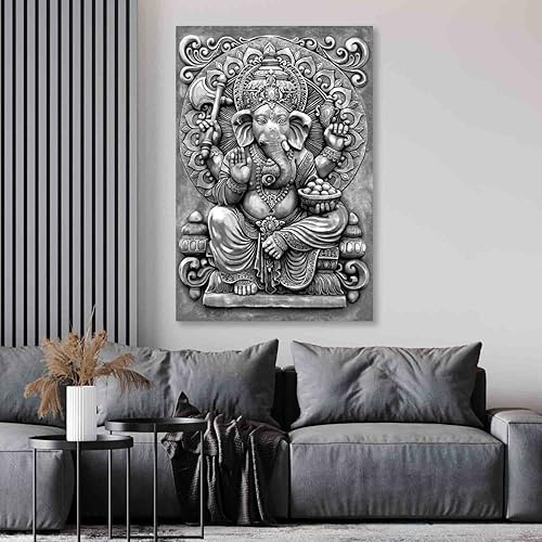 Arjazia Tableau Zen Ganesha - Décoration Murale - 75 x 50 cm et 120 x 80 cm - Noir et Blanc - Impression sur Toile - Déco Maison pour Salon et Chambre (75x50cm) - Nail Gallerys
