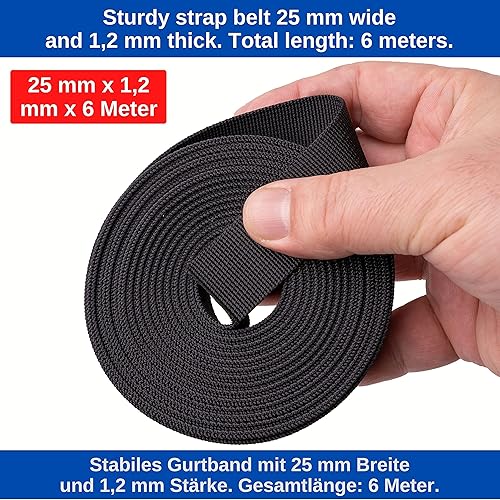 Set de Sangles avec Boucles, 6 mètres de Long, 25 mm de Large, 1,2 mm d'épaisseur, Sangle Noir Profond, matériau Pet, Sangle indéchirable + résistante, 6 Anneaux en D de 25 mm chacun - Nail Gallerys