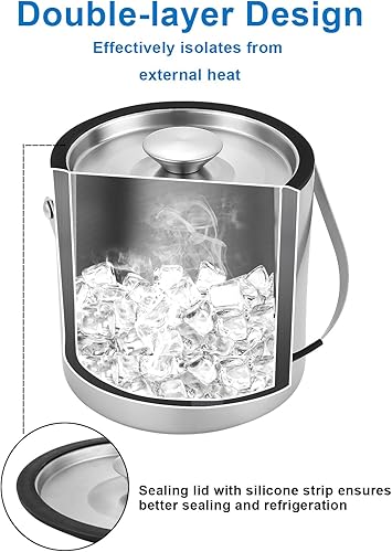Goxiry Bac à glaçons avec couvercle 3,2 l - Seau à glace en acier inoxydable avec pelle, clips et passoire - Double paroi pour refroidir la bière, le champagne, le vin et les glaçons - Nail Gallerys