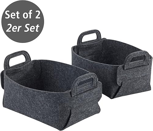 WENKO Corbeille en feutre Nina S, kit de 2 paniers de rangement à base de polyester recyclé, corbeilles pliables compactes avec poignées, contenance de 2,4 l chacune, 19 x 14 x 9 cm, gris foncé - Nail Gallerys