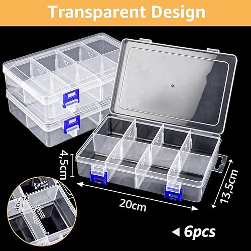 6 Grande Boîte de Rangement Plastique avec 8 Compartiments,20 x 13,5 x 4,5 cm Boîte de Plastique Transparente, Boîte de Rangement Compartimentée pour Bijoux et Organisateur de Bead - Nail Gallerys