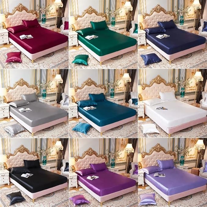 JIALIU Ensemble de draps-Housse de Luxe en Satin de Soie Queen draps et taies d'oreiller Simples Haut de Gamme avec draps à Bande élastique - Nail Gallerys