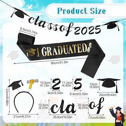 Kit guirlande décorative noire à paillettes pour remise de diplôme, bannière en papier 2025 avec 1 serre-tête de chapeau de diplômé et 1 ceinture pour l'obtention d'un diplôme, un baccalauréat et un - Nail Gallerys