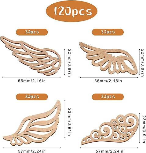 JNWYH Lot de 120 ailes d'ange en bois - 6,2 x 2,5 cm - Pour décoration de maison, fête, artisanat, pendentifs décoratifs, bricolage (4 styles) - Nail Gallerys