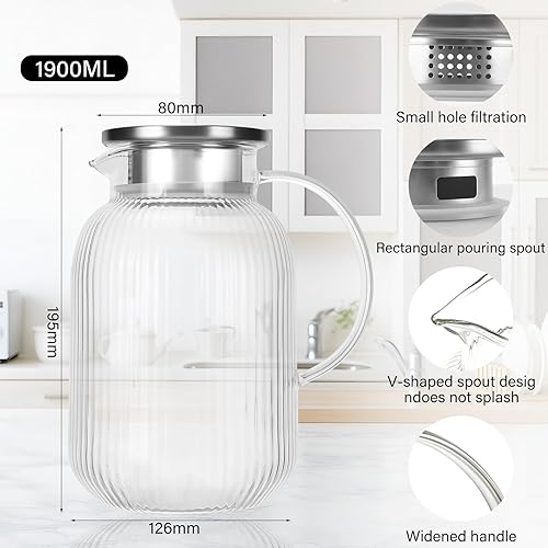 Pichet à jus de 1,9 L avec couvercle en acier inoxydable, cruche en verre, bouteille d'eau en verre résistante à la chaleur pour jus et lait - Nail Gallerys
