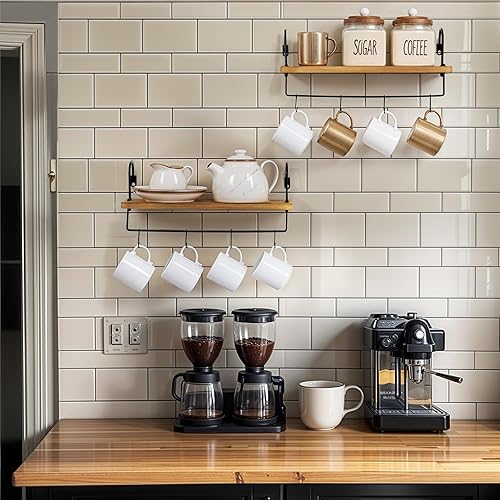 BELLE VOUS Lot de 2 Étagères de Cuisine en Bois - Étagère Murale avec Rail et Crochets - Etagere de Rangement Mural pour Bar à Café - Etagère Décorative - Salle de Bain et WC - Nail Gallerys