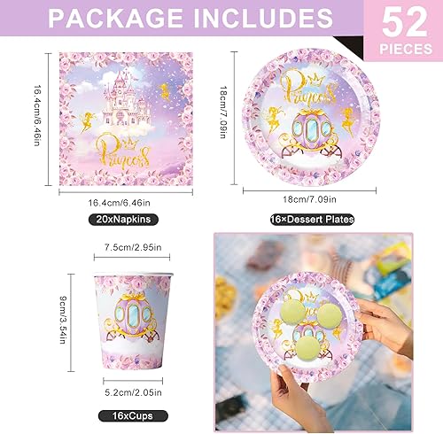 pekifaves Princesse Partyware Set, Vaisselle Princesse, Château Assiette, Gobelets en Papier Serviettes, Kit Anniversaire Princesse 16 invités, Pour fête d'anniversaire de fille et mariage - Nail Gallerys