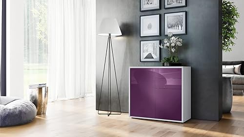 Vladon Buffet Ben, Commode avec 2 Portes et 2 tiroirs, Blanc Mat/Mûre Haute Brillance (79 x 74 x 36 cm) - Nail Gallerys