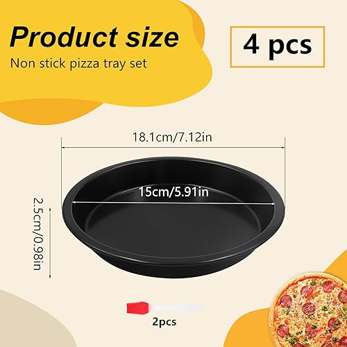 JNWYH Lot de 4 plaques de cuisson rondes - En acier au carbone - 18,1 x 15 x 2,5 cm - Avec 2 brosses en silicone - Pour gâteaux, pizzas, pain, tartes, biscuits - Noir - Nail Gallerys