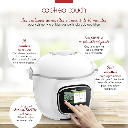 Moulinex Cookeo Touch Multicuiseur intelligent, Cuve 6 L, Haute Pression, Ecran tactile, 13 modes de cuisson, 250 recettes, Application Mon Cookeo, Blanc CE901100 - Nail Gallerys