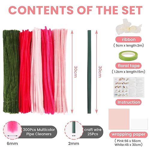Gimars 300PCS Fil Chenille Multicolores, Kit de Cure Pipe pour Bouquet de Fleurs Tulipes, Fils Chenille avec Ruban et Papier de l'Emballage pour Loisirs Créatifs, Décorations, Artisanats Débutants - Nail Gallerys