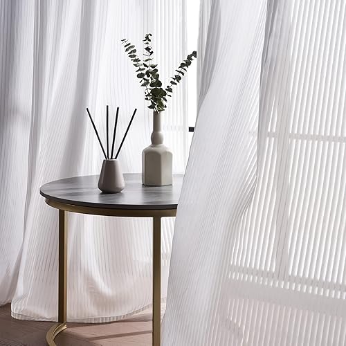 Topfinel Rideau Voilage Blanc 140x240 CM Fenetre de Salon Moderne à Motif Rayures Rideau Voile Transparent à Oeillets 2 Panneaux Rideaux et Draperies Voilages Intérieurs pour Chambre Adulte Enfant - Nail Gallerys