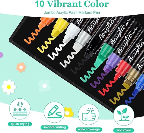10 Couleurs Marqueur Acrylique Large, 15mm Feutre Peinture Acrylique Large, Marqueurs Jumbo Couleur, 3 en 1 Feutres Acrylique Permanents pour Peinture Sur Roche, Pierre, Céramique, Bois et Toile - Nail Gallerys