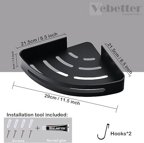 Vebetter Etagere Douche Angle, Antirouille Etagère d’Angle De Douche Montage sans Perceuse Murale Douche Étagère Serviteurs de Douche, Etagère d'angle sans Perçage en Métal avec 2 Crochets, Noir. - Nail Gallerys