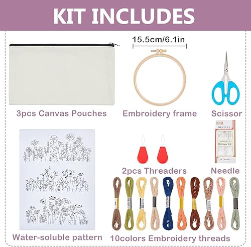 WEBEEDY 3 Kits de Pochettes de Broderie DIY Kit de Démarrage de Sac de Broderie pour Adultes, Kit de Sac de Couture Needlepoint Incluant les Cerceaux, les Fils de Couleur et les Aiguilles - Nail Gallerys