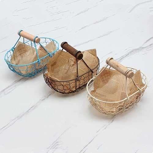 Xnferty Petit Panier en Fil Métallique de 7,1 Pouces avec Poignée en Bois, Panier de Récolte de Jardin de Forme Vintage, Panier de Rangement Ovale Rassemblant des œufs de Poule, Panier(Blanc) - Nail Gallerys
