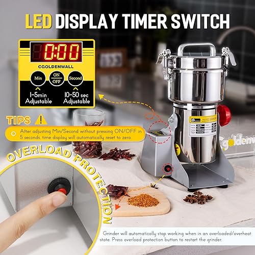 CGOLDENWALL LED Affichage Moulin à Épices Électrique 800g Broyeur à Sèches Grains Herbe Céréales Café, Haute Vitesse 28000RPM/ 2400W Moteur avec Minuterie, Contre Surcharges(Swing Type) - Nail Gallerys