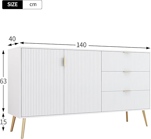 Merax Commode moderne avec pieds et poignées plaqués or, coins arrondis, 7 compartiments, 140 x 40 x 78 cm, blanche, pour chambre à coucher, salon et salle de bain - Nail Gallerys