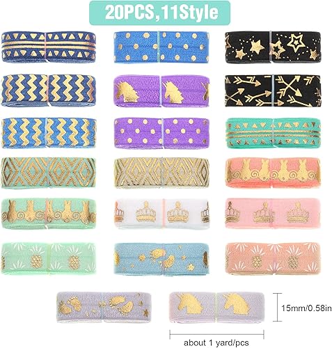 20 Yards Ruban Élastique Imprimées Pliantes à Paillettes 5/8 Pouces 15 mm Bandeau Élastiques Ruban Élastique pour Élastiques à Cheveux DIY Couture Artisanat, 20 Couleurs par 1 Yard - Nail Gallerys