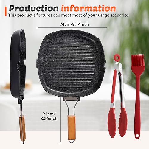 PRITOK Poêle à griller ondulée en fonte pour induction avec manche en bois pliable, poêle en fonte rectangulaire antiadhésive pour tous types de feux, 24 x 24 cm - Nail Gallerys