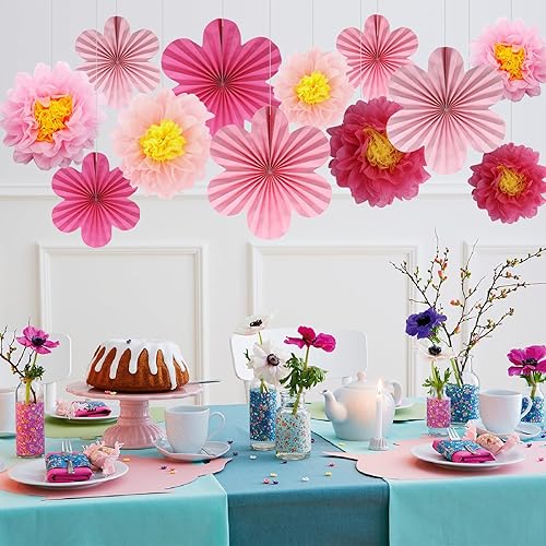 BestoFun Lot de 12 éventails en papier et fleurs en papier - Pompons - Beige - Orange - Rose - Guirlande suspendue - Décoration pour mariage, fête d'anniversaire, fête de jardin, décoration de table - Nail Gallerys