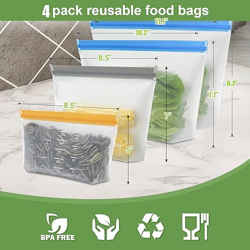 sac congelation reutilisable et Stand Up, Lot de 4 Sac Congelation Zip, sacs en silicone Rangement, sans BPA/Hermétique/résistant, pour Ranger Légumes/Fruits,Sandwich/LéGumes/Viandes - Nail Gallerys
