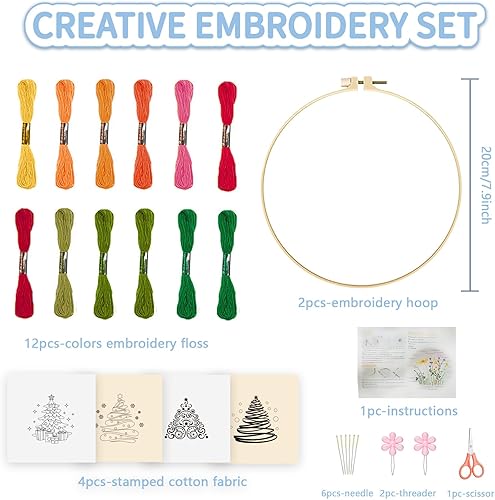 FREEBLOSS 4 ensemble de 20cm Kit de Broderie D'Arbre de Noël Kit de Point de Croix avec Motif de Noël Estampé Kit de Broderie pour Débutants Instructions Incluses Kit de Démarrage de Broderie - Nail Gallerys