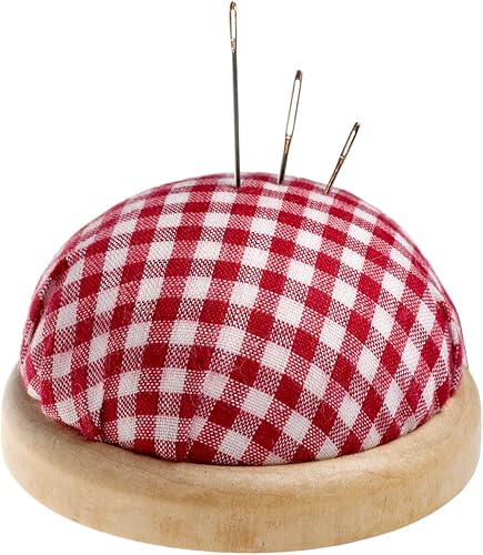 Coussin à épingles rond avec bordure en bois clair, couleur : rouge et blanc à carreaux - Nail Gallerys