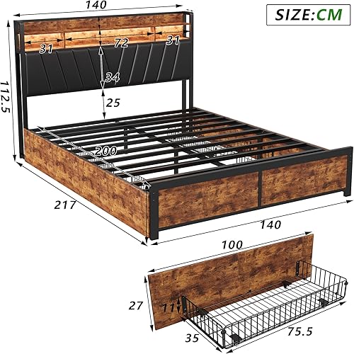 CoziFome Lit 140 x 200 cm avec éclairage LED, lit double en métal, avec prise et fonction de charge USB, cadre de lit 140 x 200 cm avec espace de rangement pour tête de lit en bois, cadre de lit avec - Nail Gallerys