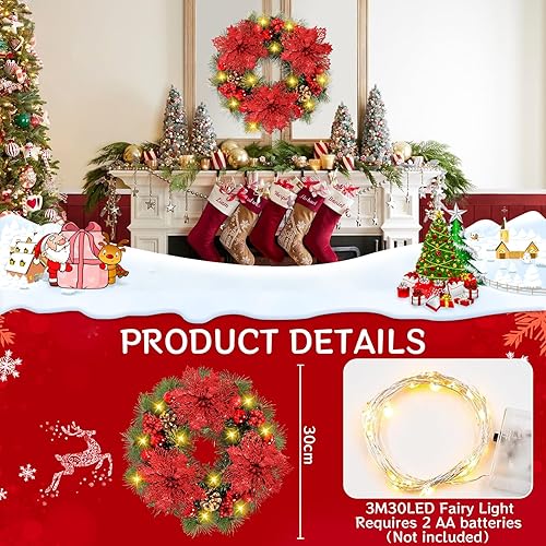Couronne de Noel Porte 30 cm Couronne Noel, Couronne Fleurs Artificielle Suspendues Décoration Noel Guirlande Sapin de Noël Porte Décoration de Guirlande - Nail Gallerys