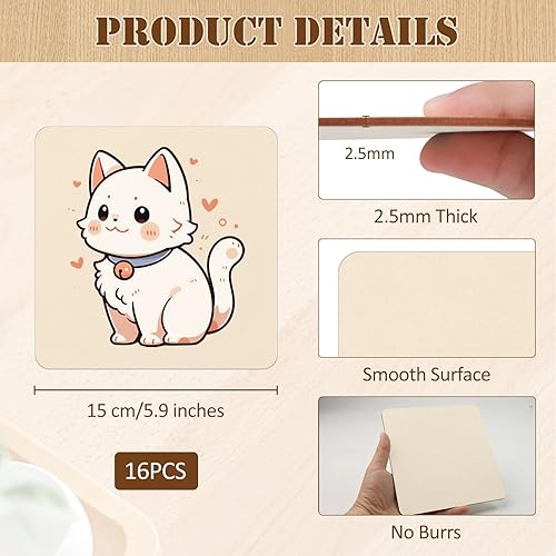 Lot de 16 pièces en bois non laqué, diamètre : 15 cm, carrés, 2,5 mm de diamètre, vierges, carrés, en bois naturel, pour peinture, bricolage, sous-verres, décoration d'intérieur - Nail Gallerys