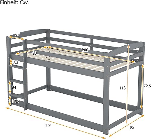 PUGSDRLY Lit Superposé Enfant 90x200cm,Lit Enfant 2 Places avec échelle,Cadre de lit Superposés en Pin Massif (Gris) - Nail Gallerys