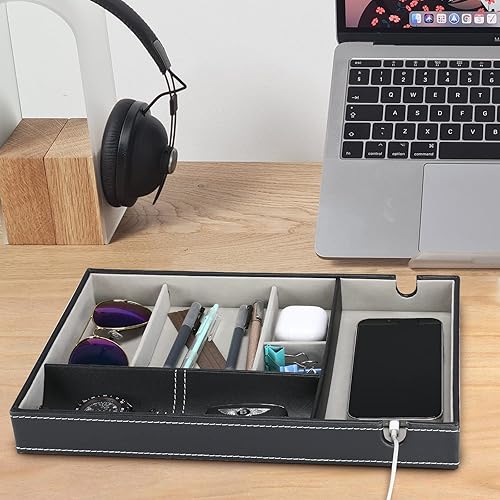 Procase Organiseur de Valet pour Homme Plateau en PU Cuir de Grande Capacité avec 6 Compartiments, Vide Poche Organisateur de rangement pour Clés, Portefeuille, Téléphone, Montres -Noir - Nail Gallerys