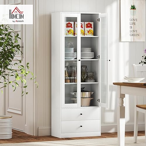 HOMCOM Meuble de Rangement Buffet Salon avec Placard à Portes vitrées, étagères réglables et 2 tiroirs, Armoire de Rangement pour Salon, Cuisine, Chambre, 59 x 30 x 164 cm, Blanc - Nail Gallerys