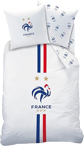 FFF EQUIPE DE FRANCE Parure de Lit 1 ou 2 Personnes |100% Coton | OEKO-TEX | Housse de Couette 220x240 cm + 2 Taies d'Oreiller 63x63 cm | Imprimé Réversible football | Blanc - Nail Gallerys