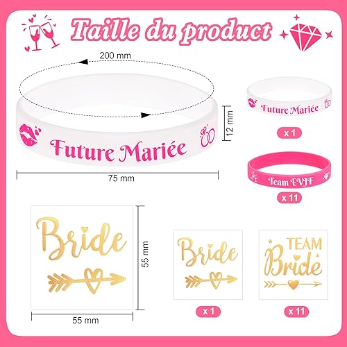 HOWAF 24 Pièces Kit EVJF Accessoire, 12 Elastiques Bracelet EVJF Future Mariée Team Bride Bracelet Silicone + 12 Tatouage Mariage Autocollant Mariage pour Enterrement de Vie de Jeune Fille,Cadeau EVJF - Nail Gallerys