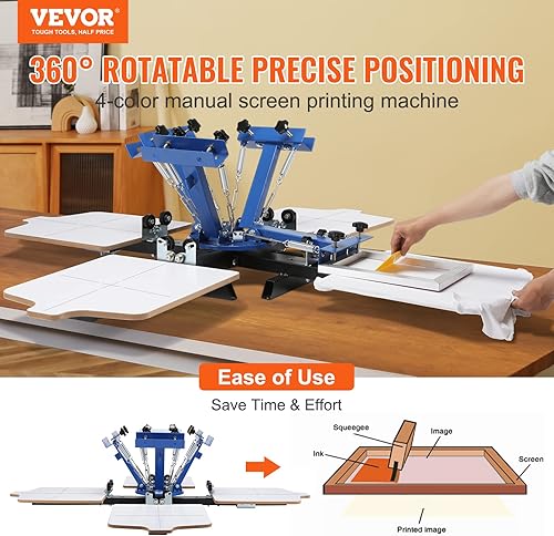 VEVOR Machine de Sérigraphie 4 Couleurs 4 Stations Presse à Sérigraphie Plateau 54 x 45 cm Machine d'Impression à Écran Rotative à 360° pour Impression à Plat T-shirt Vêtements Bois Plastique Papier - Nail Gallerys