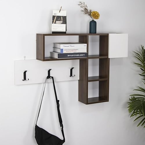 BAKAJI Porte-manteau mural avec 9 crochets suspendus vêtements et étagère bibliothèque 3 étagères en bois MDF bicolore design moderne, dimensions 99,5 x 61 x 15 cm (blanc) - Nail Gallerys