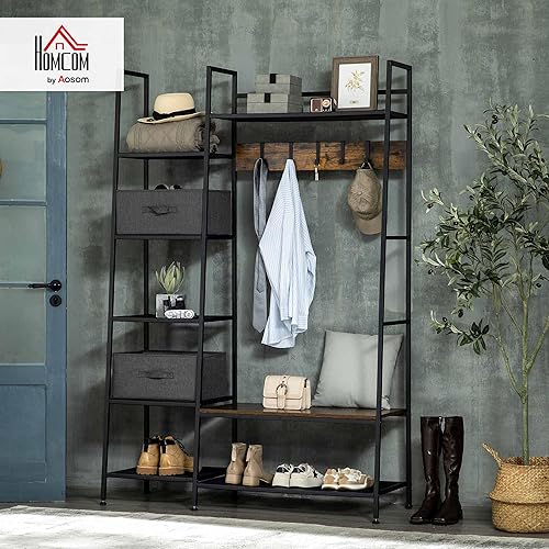 HOMCOM Porte-manteau vestiaire meuble d'entrée style industriel avec banc à chaussures, étagères, 5 crochets amovibles et 2 tiroirs en tissu, 125 x 43 x 185,5 cm, en acier et bois gris, brun rustique - Nail Gallerys