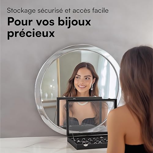 H&S Grande Boite a Bijoux Femme Homme - Rangement Presentoir pour 100 Bague et Boucle d'Oreille en Bois Doublure Velours avec Couvercle - Boîte à Bijoux Transparente - Nail Gallerys